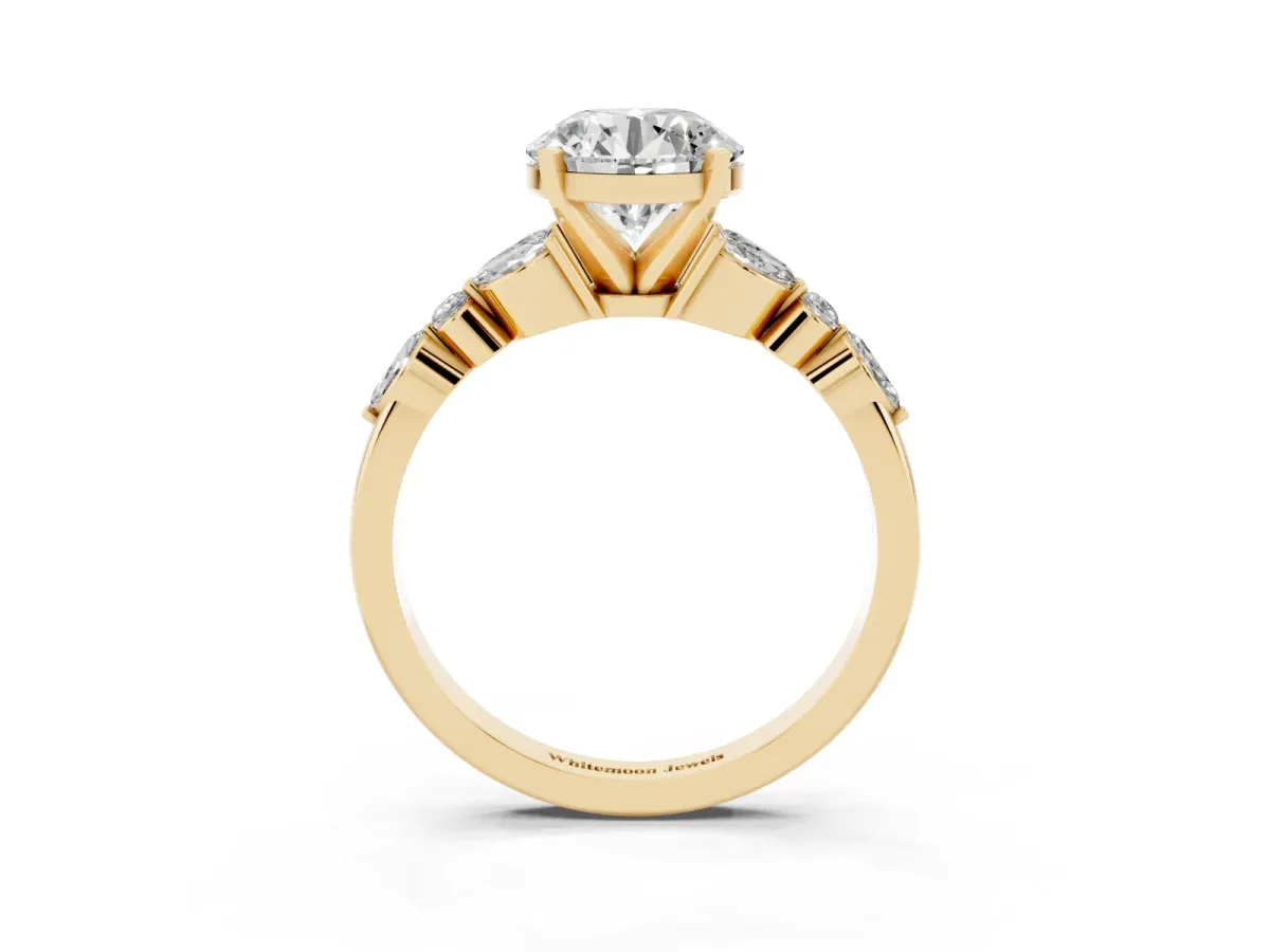 Round Cut Diamond Solitaire Ring with Side Stones and Four-Prong Setting Yellow gold