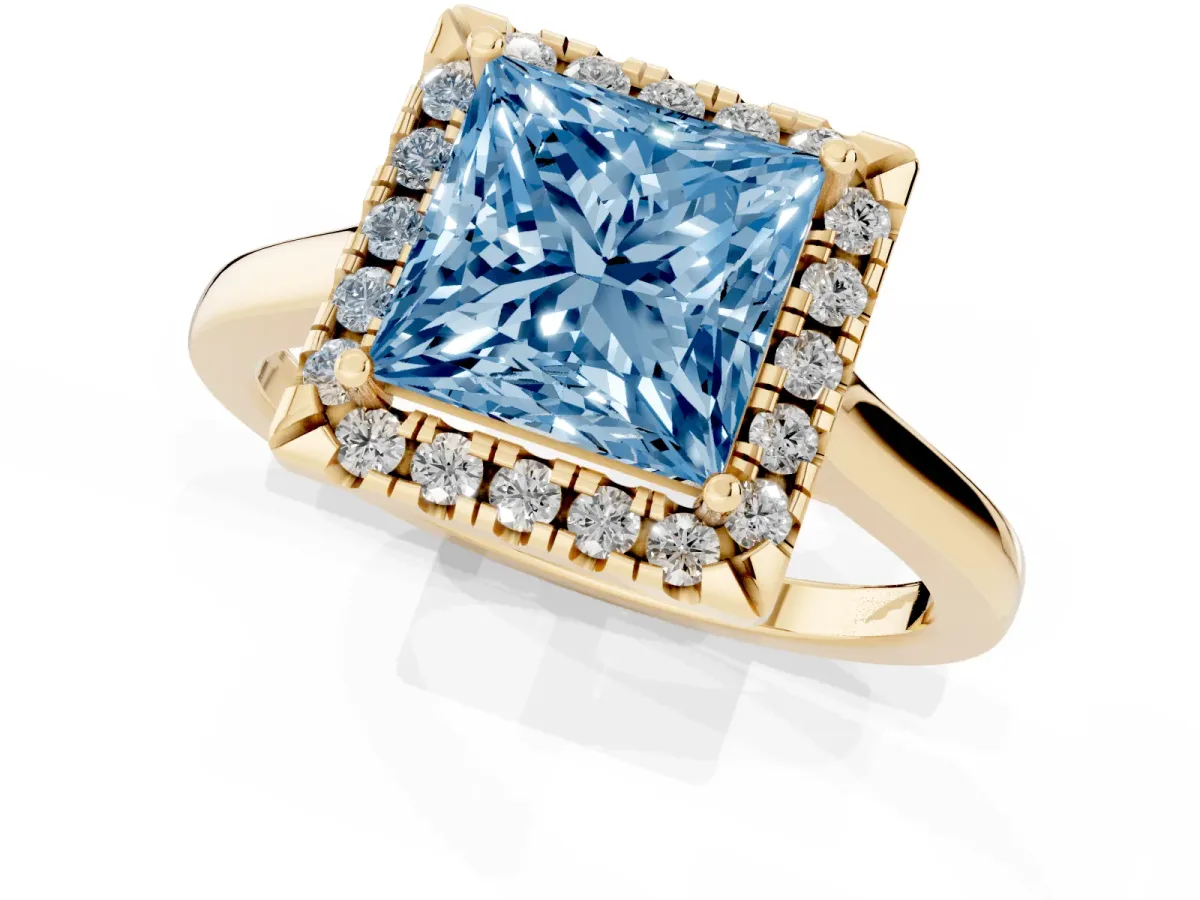 Fancy Blue Princess Cut Halo Round Diamond Solitaire Ring with Pavé Band and Four-Prong Setting Yellow gold