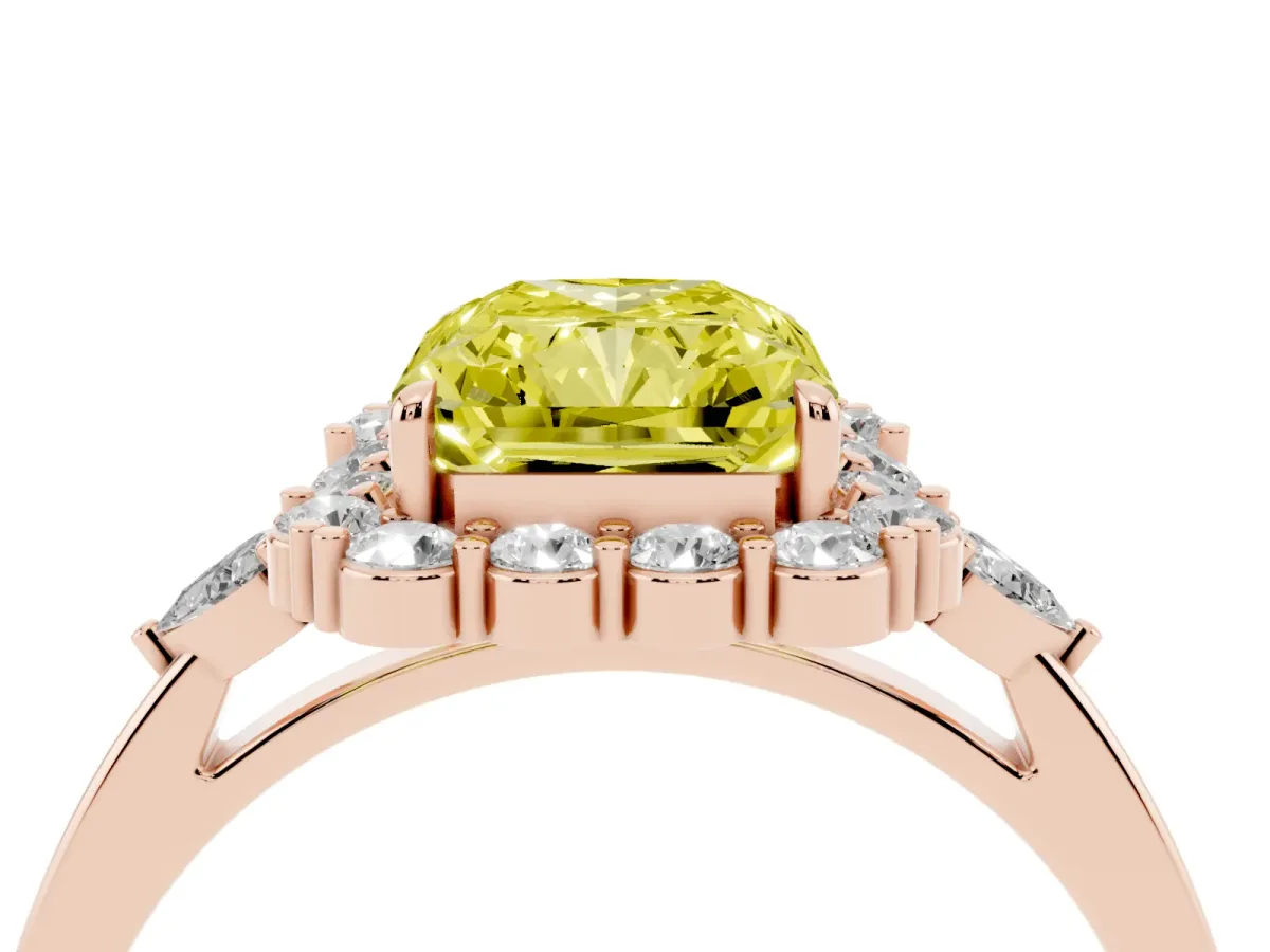 Fancy Yellow Radiant Cut Diamond Halo Ring with Pear Side Stones and Prong Setting Rose gold