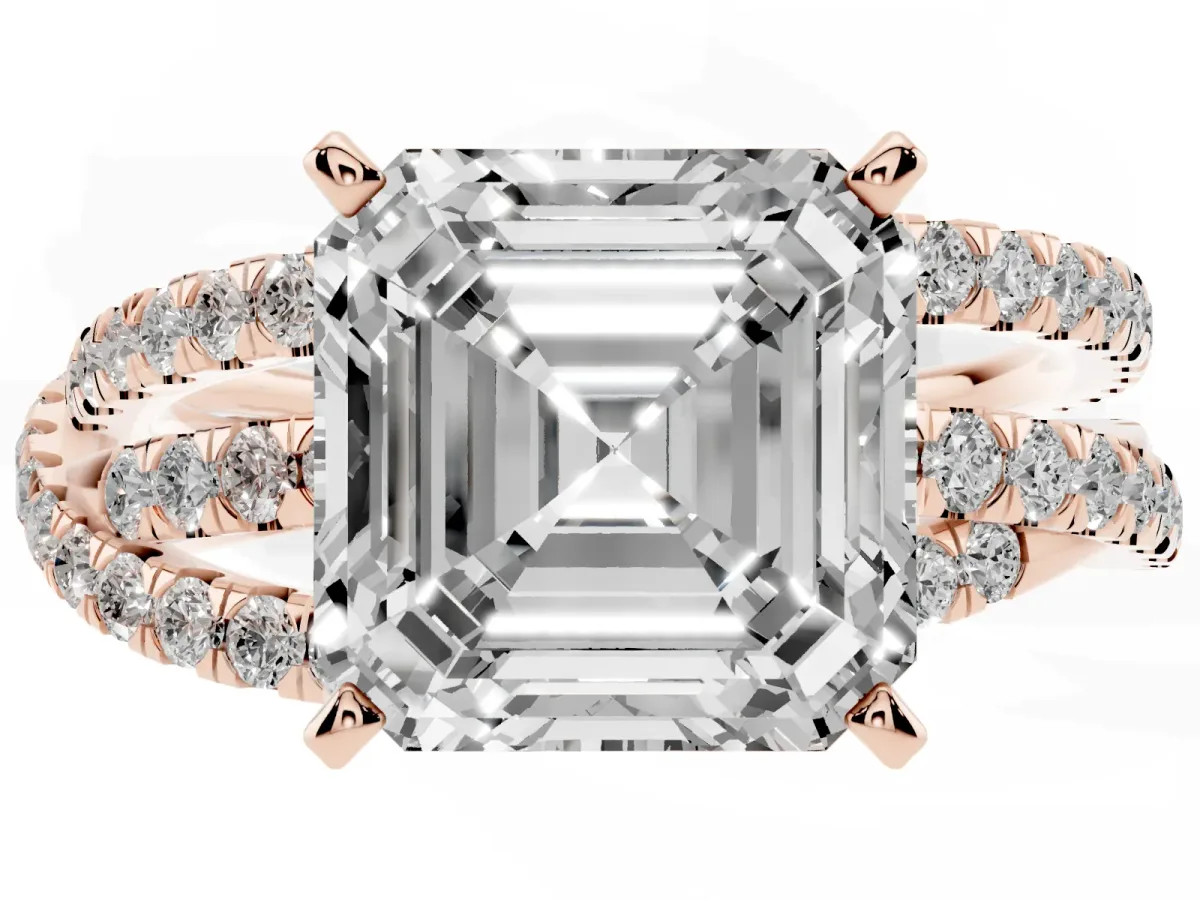 Asscher Cut Solitaire Twist Band with Pavé Setting and Four-Prong Setting Rose gold