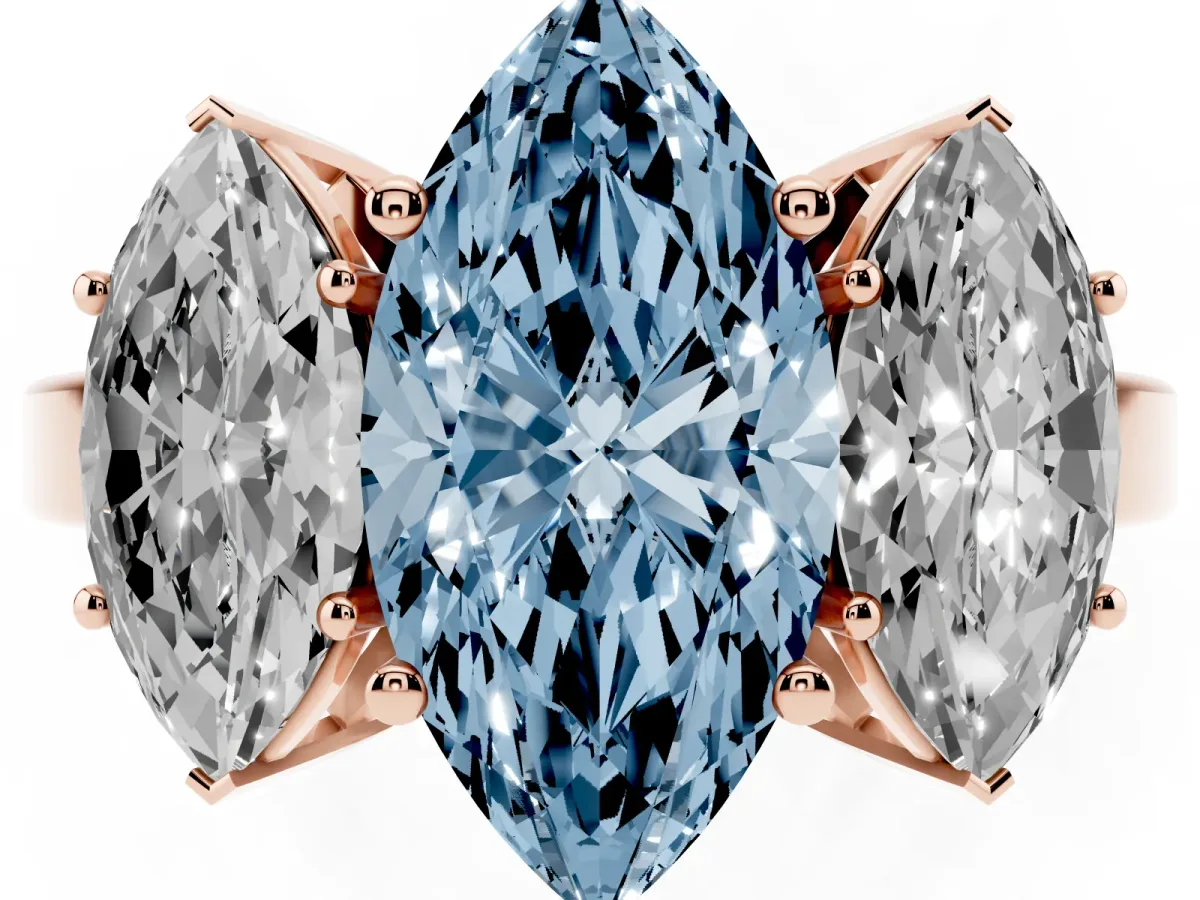 Fancy Blue Three-Stone Marquise Cut Cut Diamond Engagement Ring with Flat Band and Four-Prong Setting Rose gold