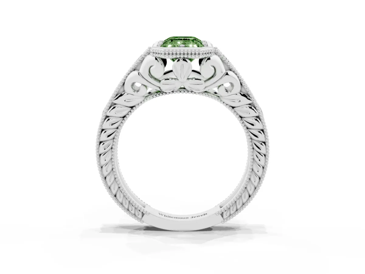Fancy Green Bezel Set Emerald Cut Diamond Milgrain Pave Engagement Ring Platinum