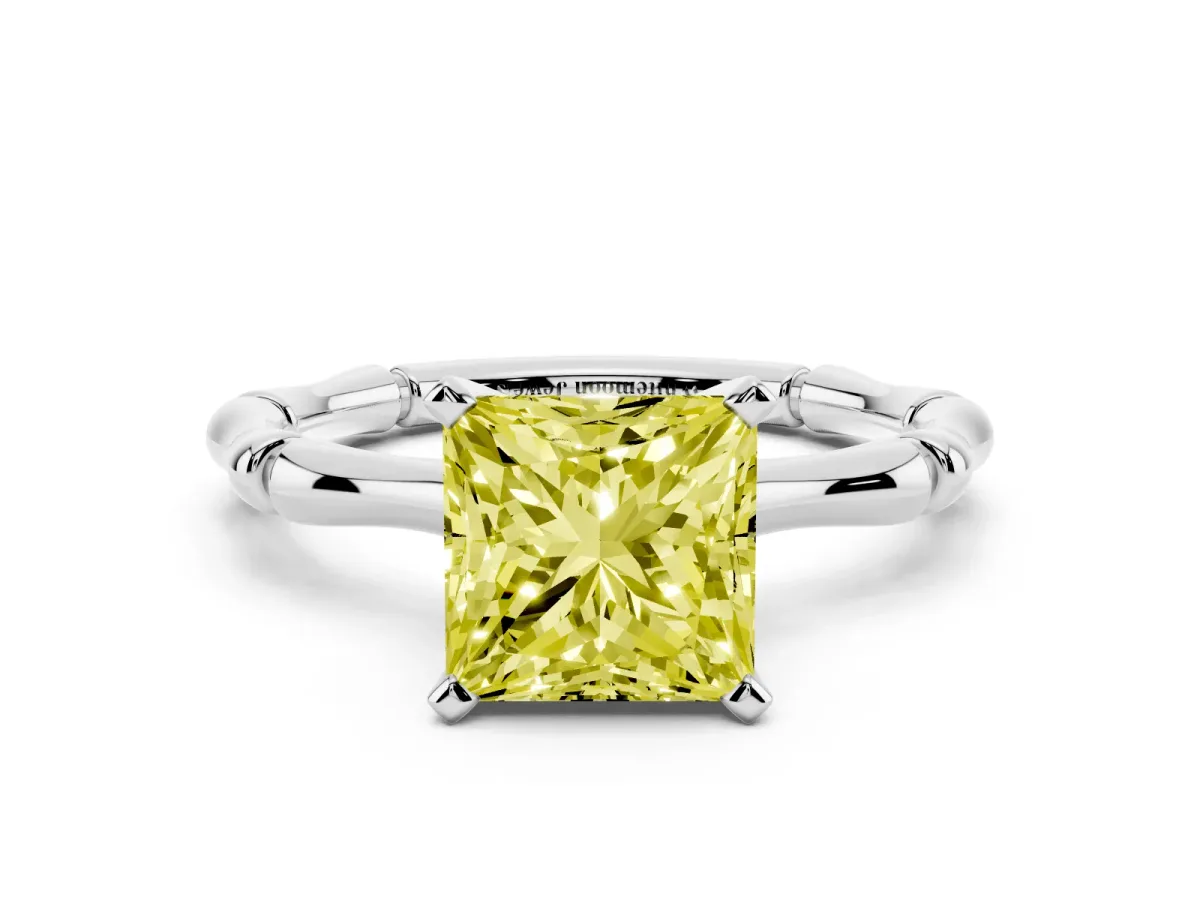 Fancy Yellow Princess Cut Solitaire Diamond Ring with Bamboo Band and Four-Prong Setting Silver
