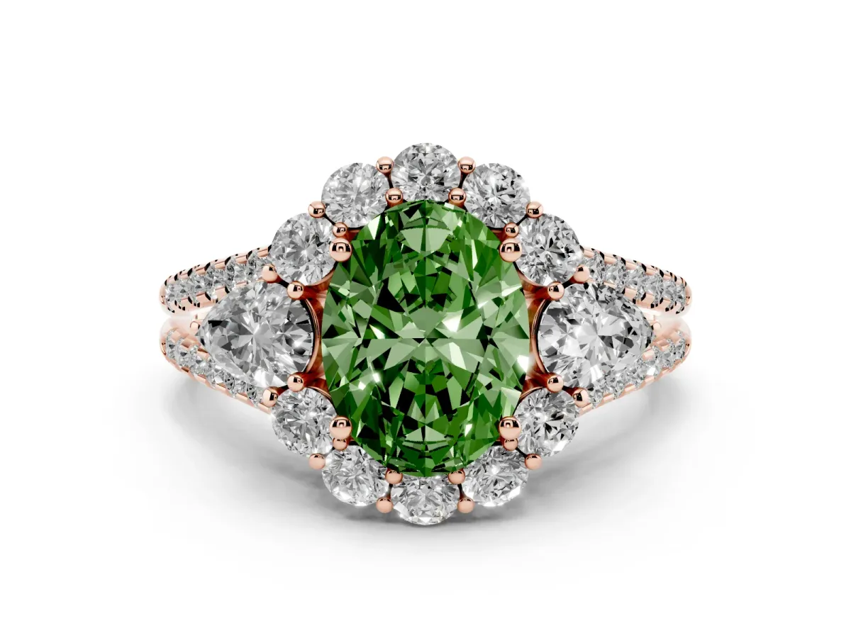 Fancy Green Oval Cut Halo Split Shank Diamond Engagement Ring with Prong Setting Rose gold