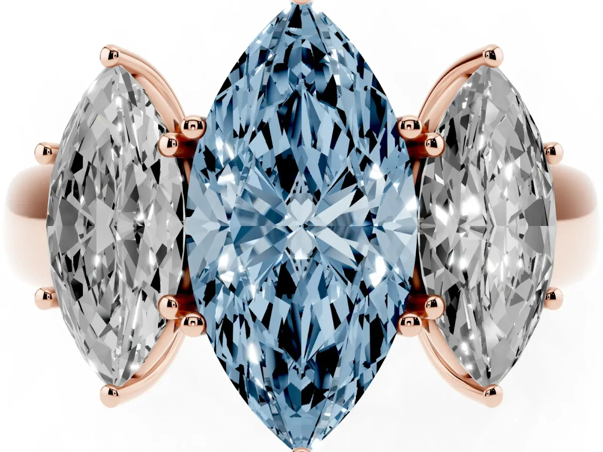 Fancy Blue Three-Stone Marquise Cut Cut Diamond Ring with Prong Setting and Classic Band Rose gold