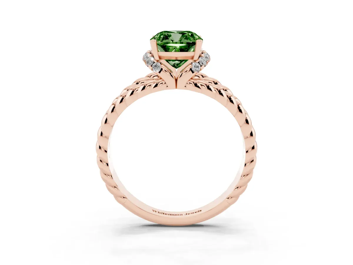 Fancy Green Cushion Cut Halo Twisted Band Four-Prong Ring Rose gold