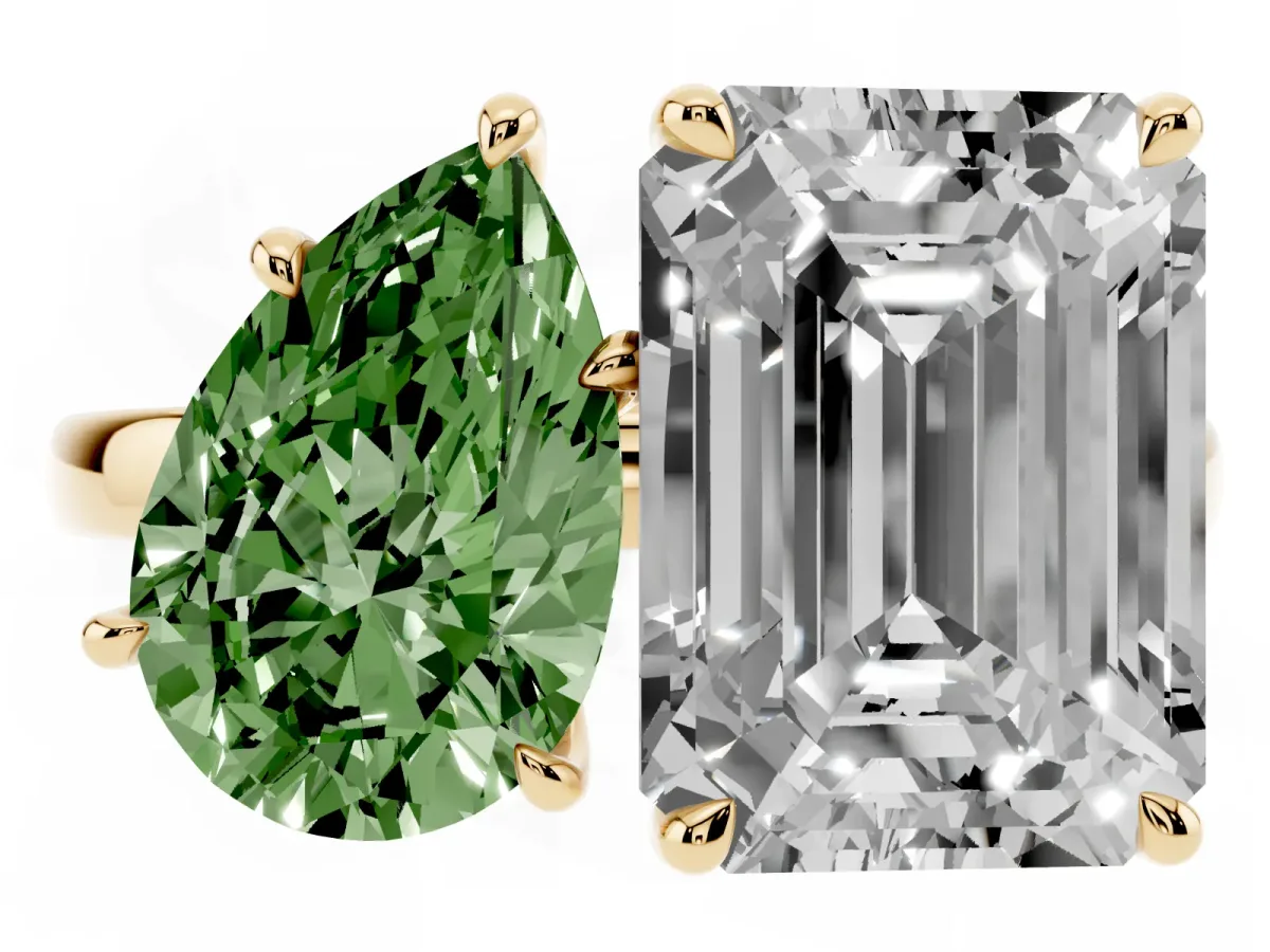 Fancy Green Pear Cut and Emerald Cut Toi Moi Ring with Prong Setting Yellow gold