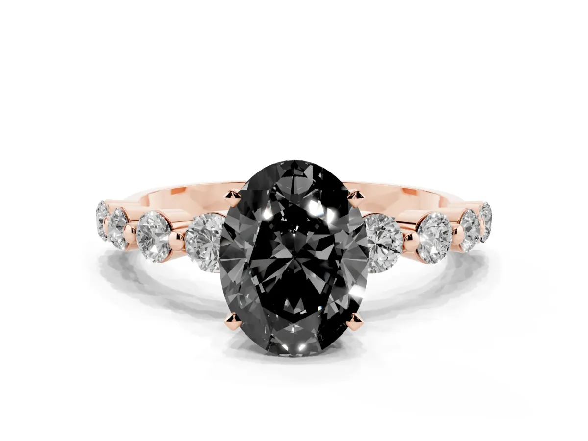 Fancy Black Oval Cut Solitaire Diamond Ring with Pave Band and Four-Prong Setting Rose gold