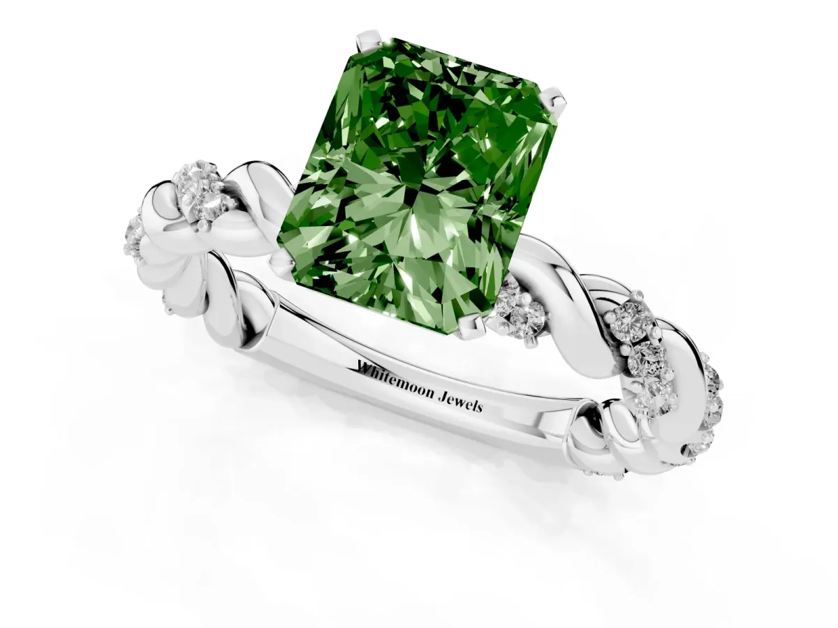 Fancy Green Radiant Cut Diamond Solitaire Ring with Twisted Band and Pavé Accents Silver