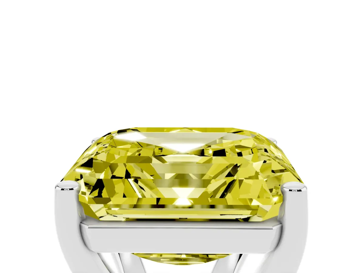 Fancy Yellow Asscher Cut Cut Diamond Solitaire Engagement Ring with Tapered Plain Band and Four-Prong Setting Silver