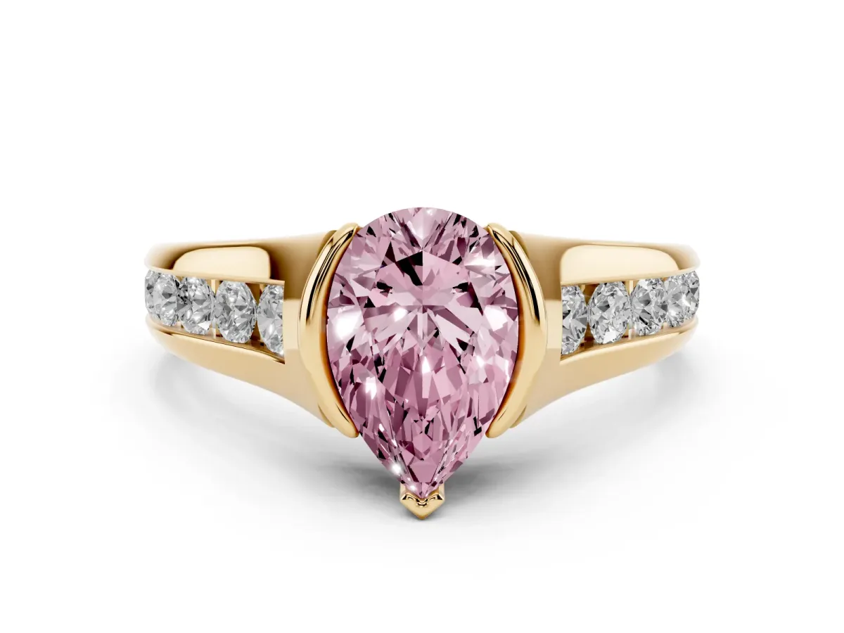 Fancy Pink Pear Cut Solitaire Bezel-Set Diamond Ring with Channel-Set Band Yellow gold