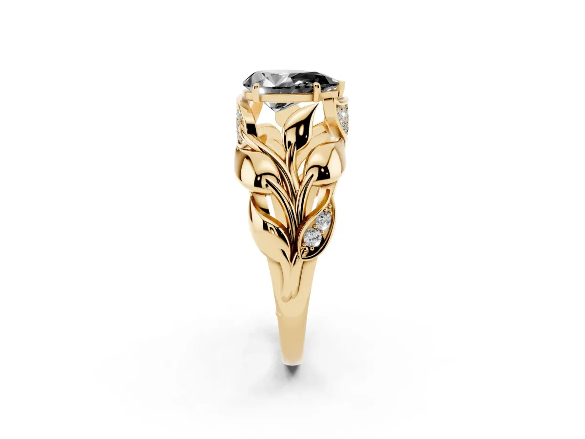 Fancy Black Pear Cut Diamond Leaf-Inspired Engagement Ring with Round Accents and Prong Setting Yellow gold