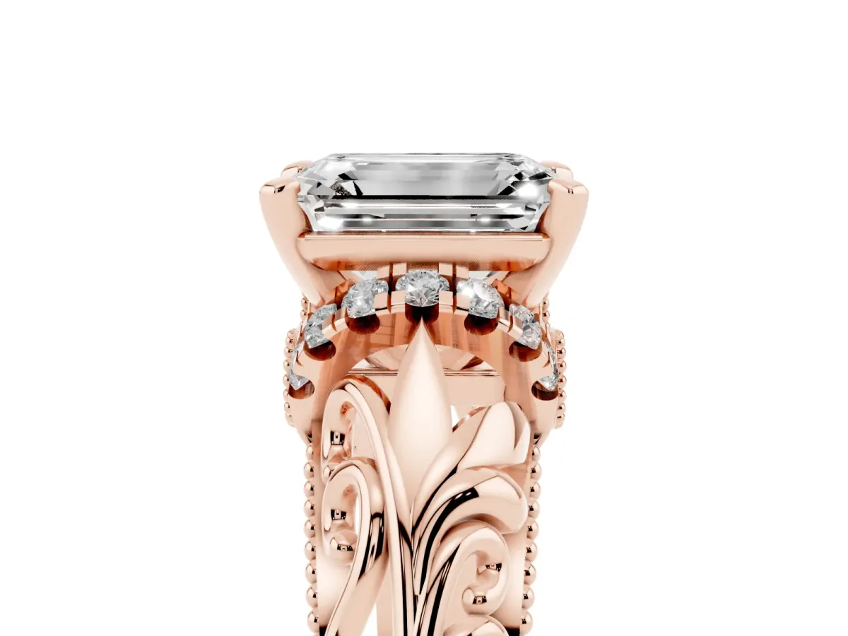 Emerald Cut Solitaire Filigree Engagement Ring with Halo and Prong Setting Rose gold