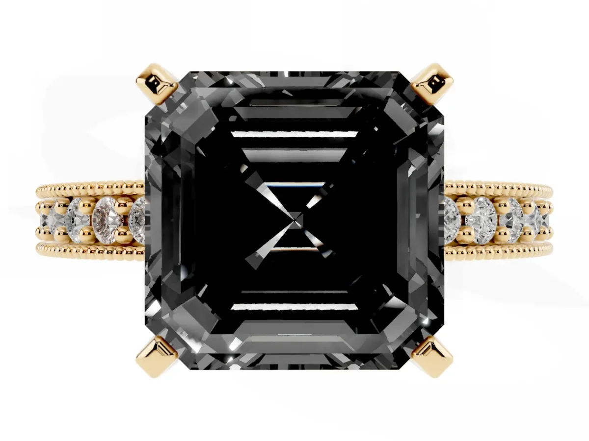 Fancy Black Asscher Cut Diamond Milgrain Pavé Engagement Ring with Four-Prong Setting Yellow gold