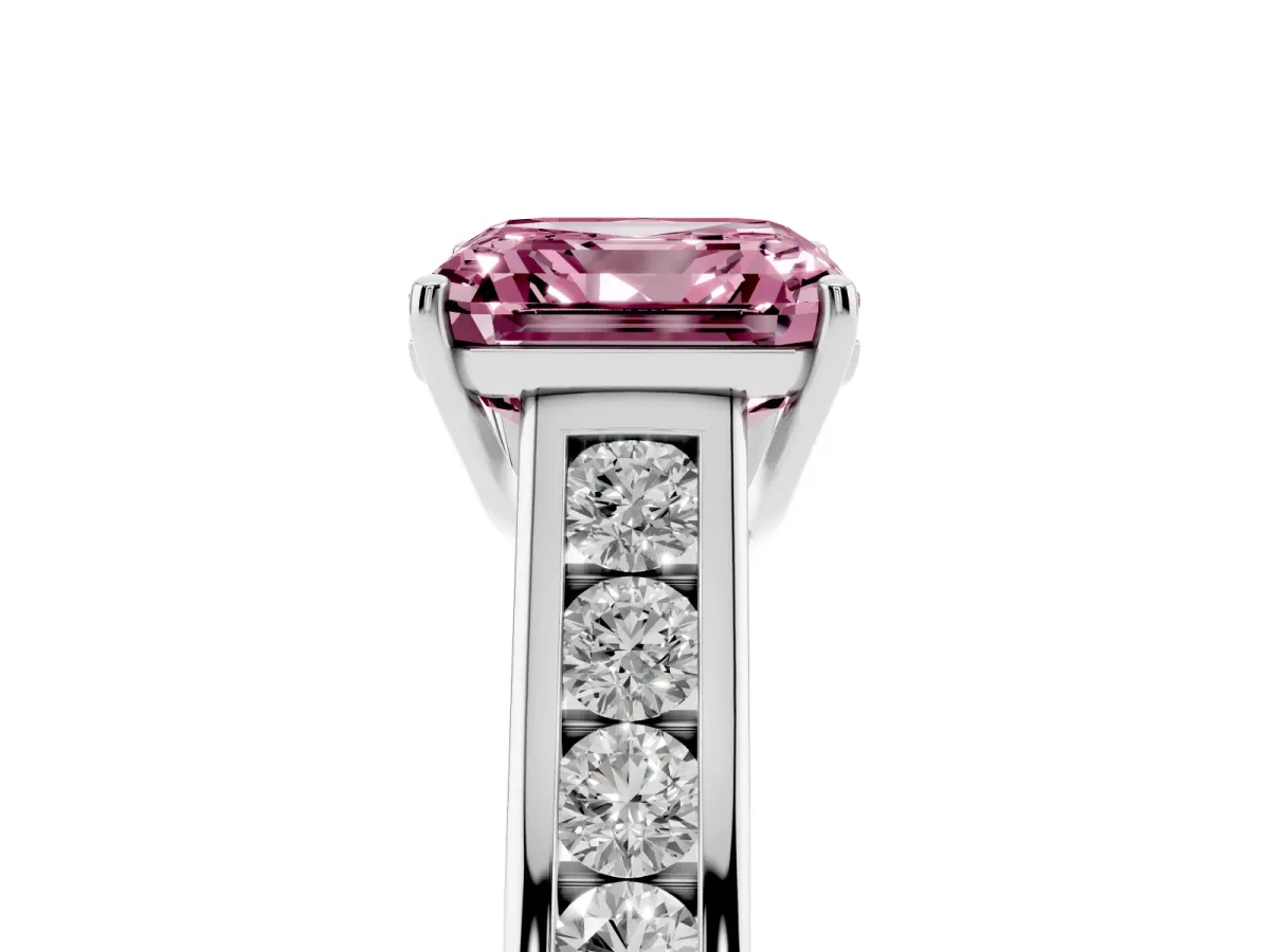Fancy Pink Asscher Cut Brilliant Channel-Set Solitaire Ring with Four-Prong Setting Silver
