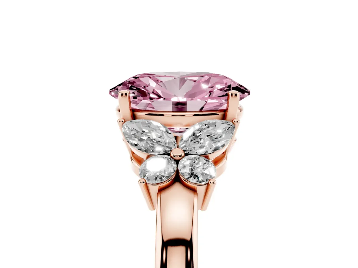 Fancy Pink Oval Cut Cut Solitaire Floral Diamond Ring with Four-Prong Setting Rose gold