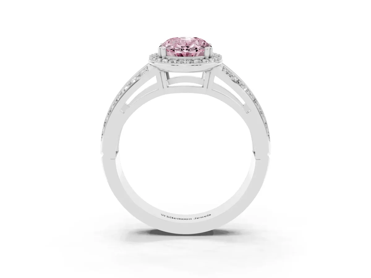 Fancy Pink Oval Cut Diamond Halo Ring with Split Shank Pavé Band and Four-Prong Setting Platinum