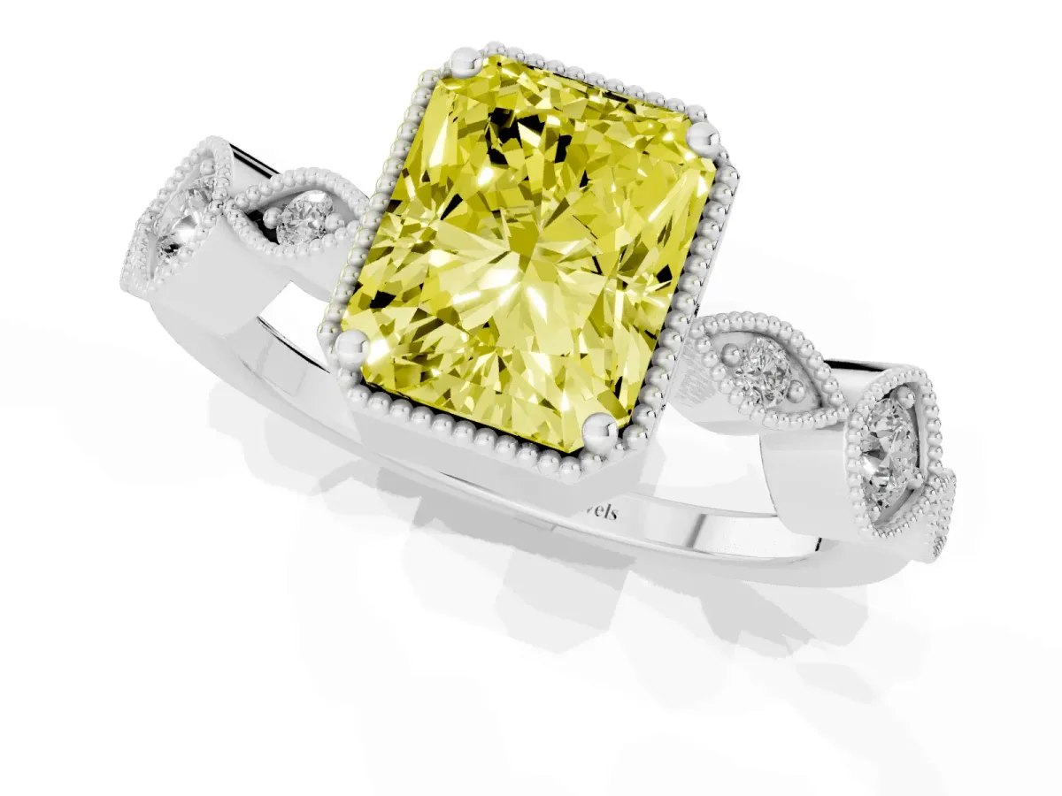 Fancy Yellow Radiant Cut Diamond Vintage Milgrain Ring with Round Stations Silver