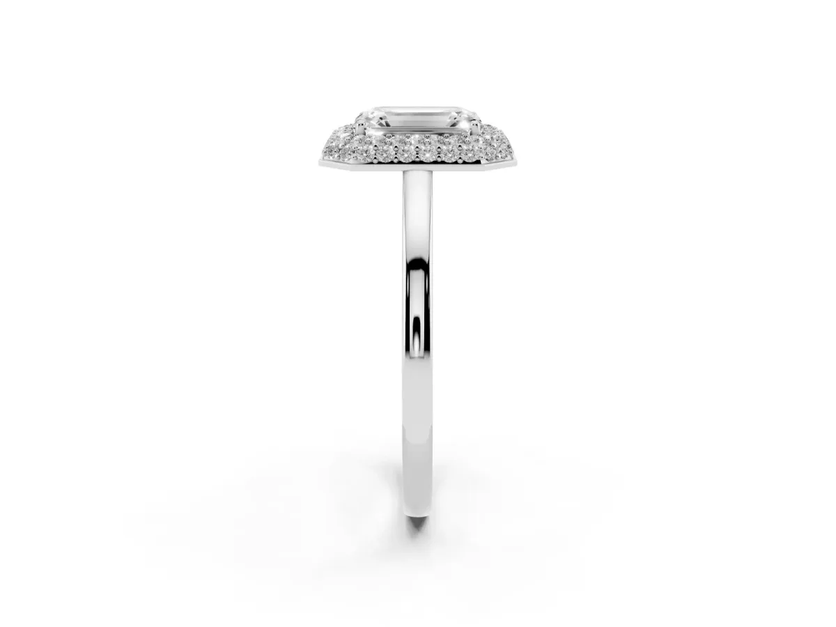 Emerald Cut Halo Diamond Engagement Ring with Solitaire Band and Four-Prong Setting Silver