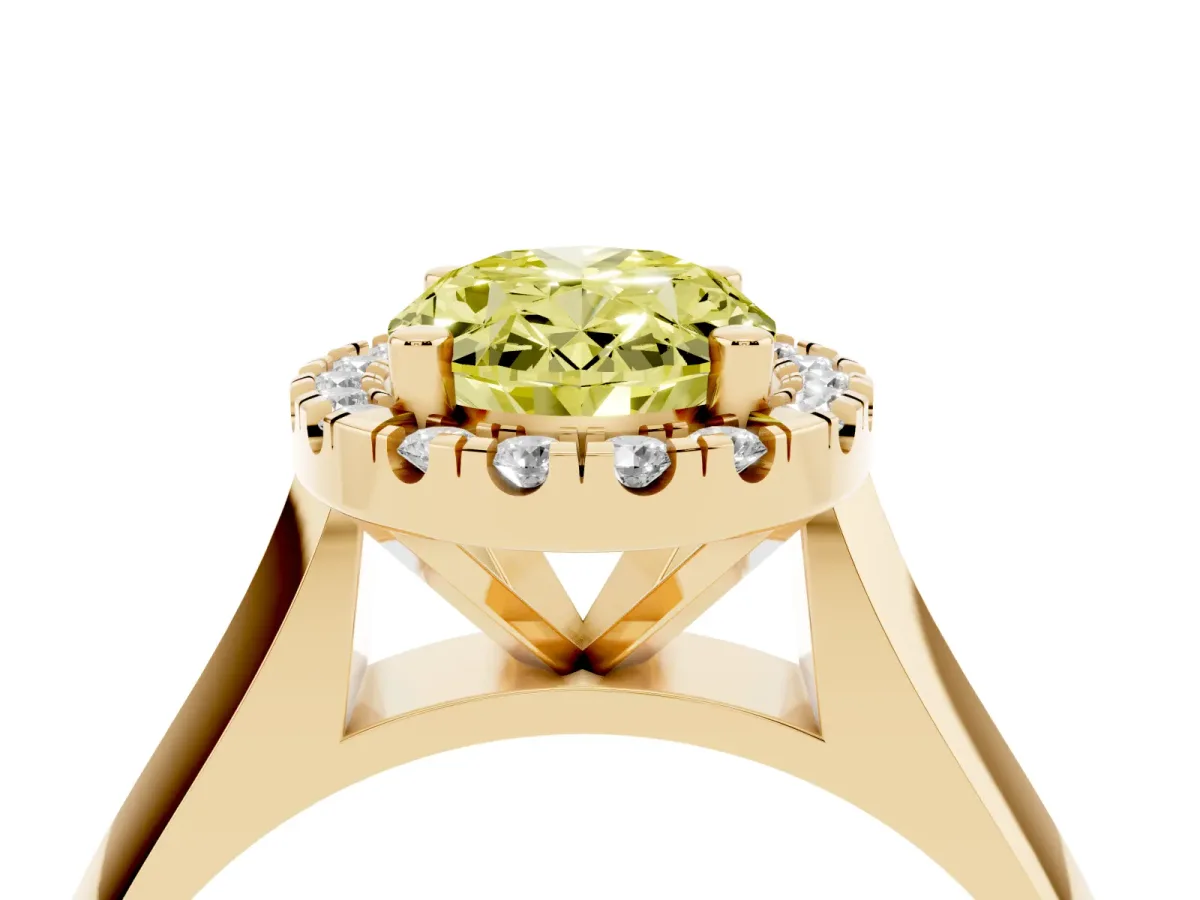 Fancy Yellow Oval Cut Cut Halo Solitaire Engagement Ring with Square Band and Four-Prong Setting Yellow gold