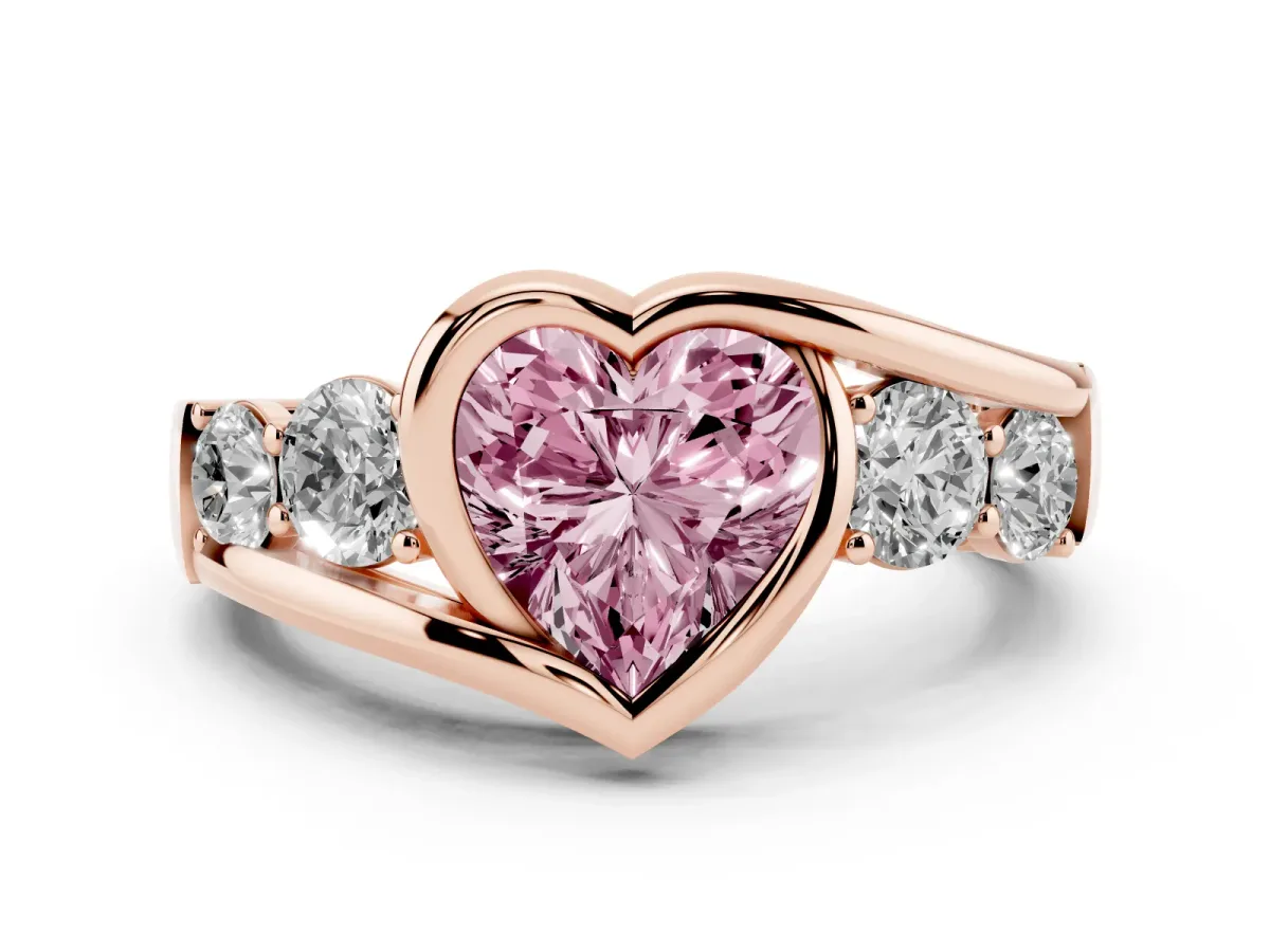 Fancy Pink Bezel Set Heart Cut Diamond Bypass Ring with Round Accents Rose gold
