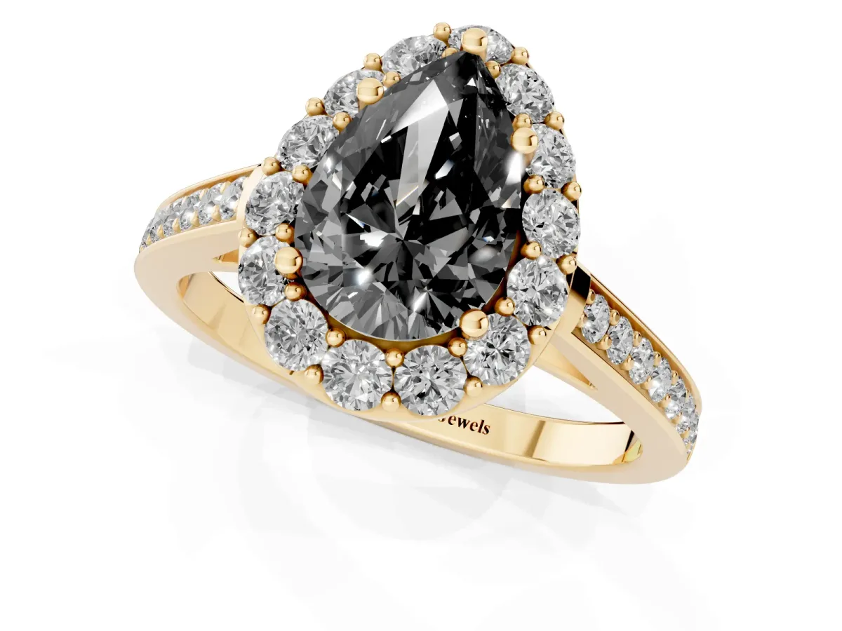 Fancy Black Pear Cut Diamond Floral Halo Ring with Pavé Band and Prong Setting Yellow gold