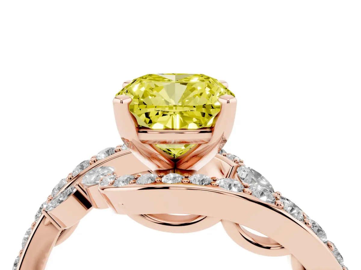 Fancy Yellow Cushion Cut Solitaire with Pavé Twist Band and Four-Prong Setting Rose gold