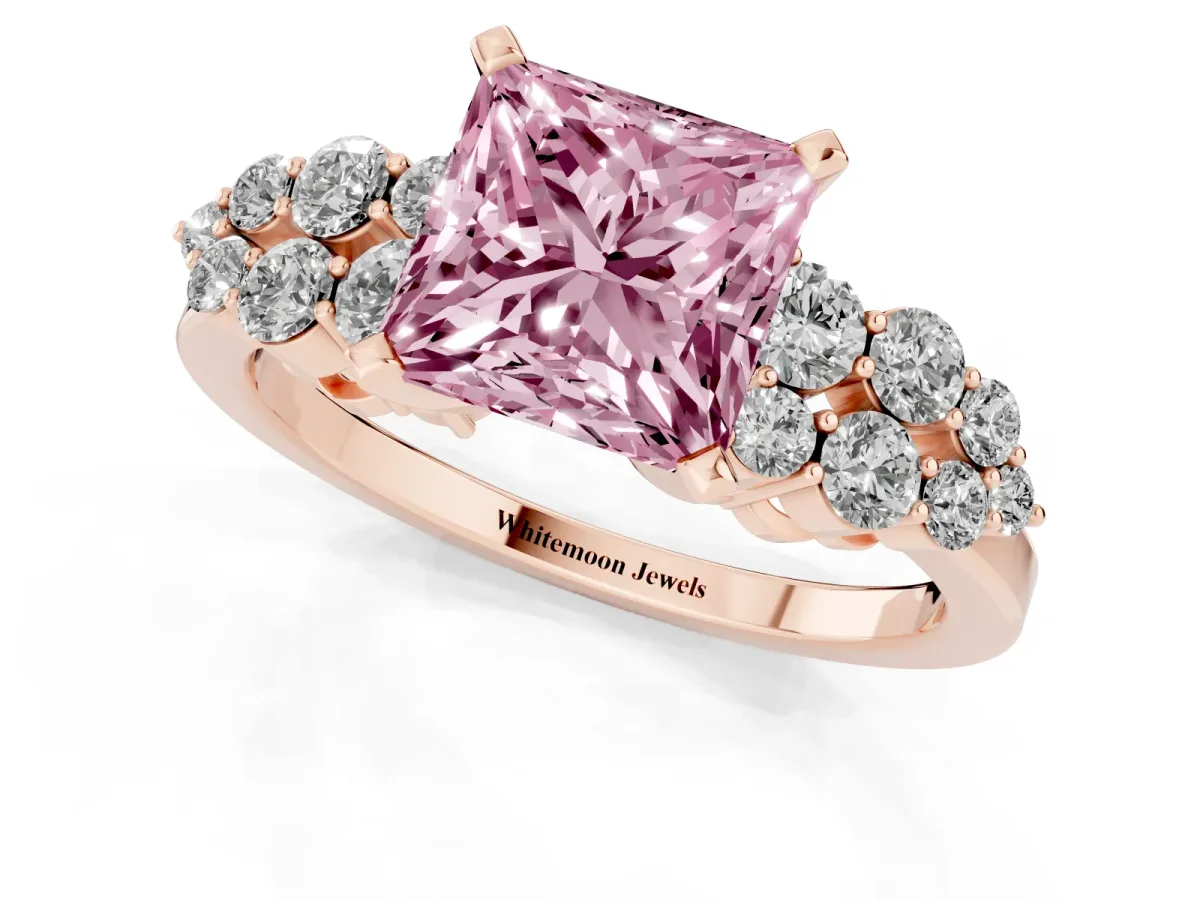 Fancy Pink Princess Cut Cluster Diamond Engagement Ring with Pavé Band and Four-Prong Setting Rose gold