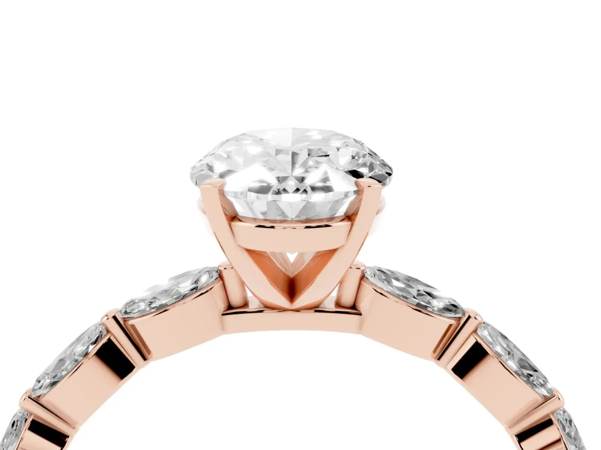 Oval Cut Diamond Ring with Marquise Side Stones and Prong Setting Rose gold