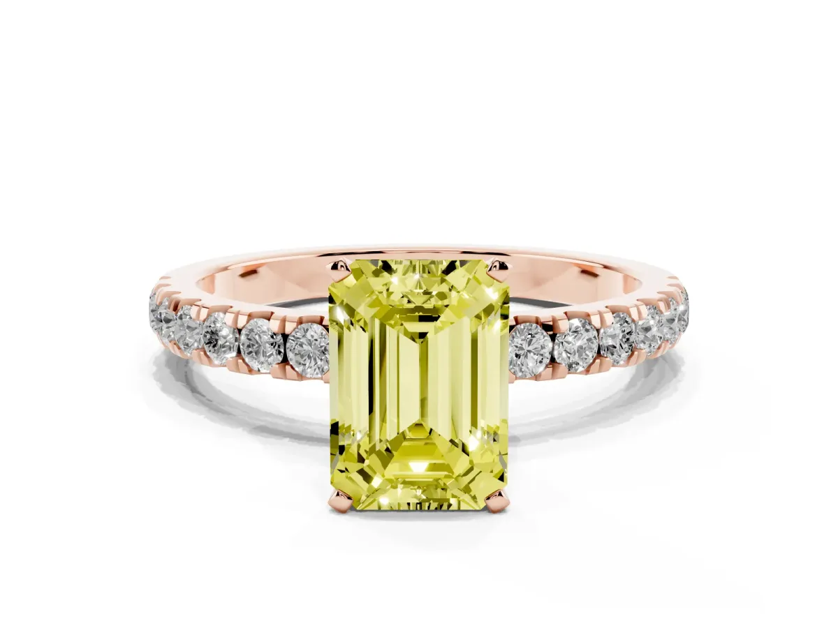 Fancy Yellow Emerald Cut Diamond Solitaire Ring with Pavé Accents and Four-Prong Setting Rose gold