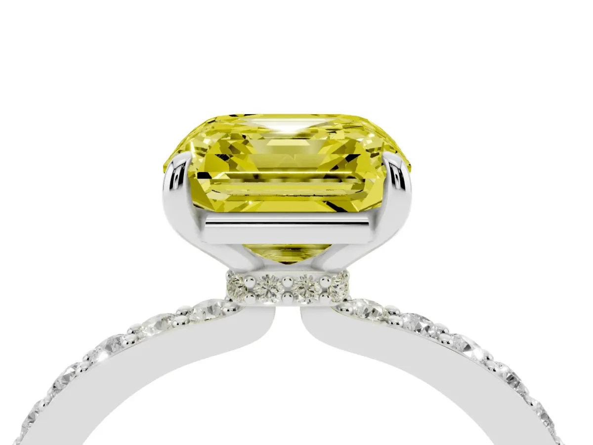 Fancy Yellow Asscher Cut Diamond Pavé Engagement Ring with Round Accents and Prong Setting Silver