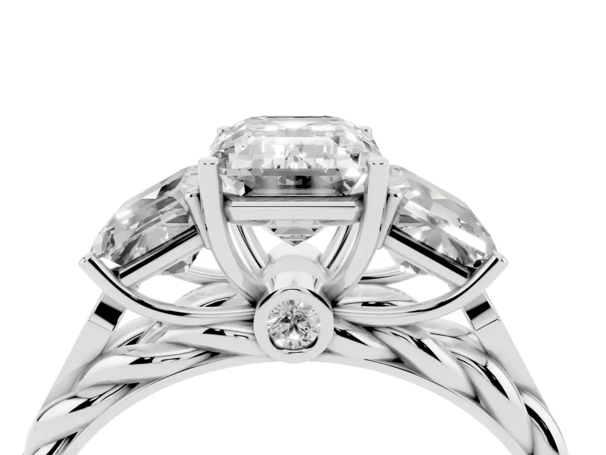 Three-Stone Radiant Cut Diamond Braided Band Ring with Four-Prong Setting Silver