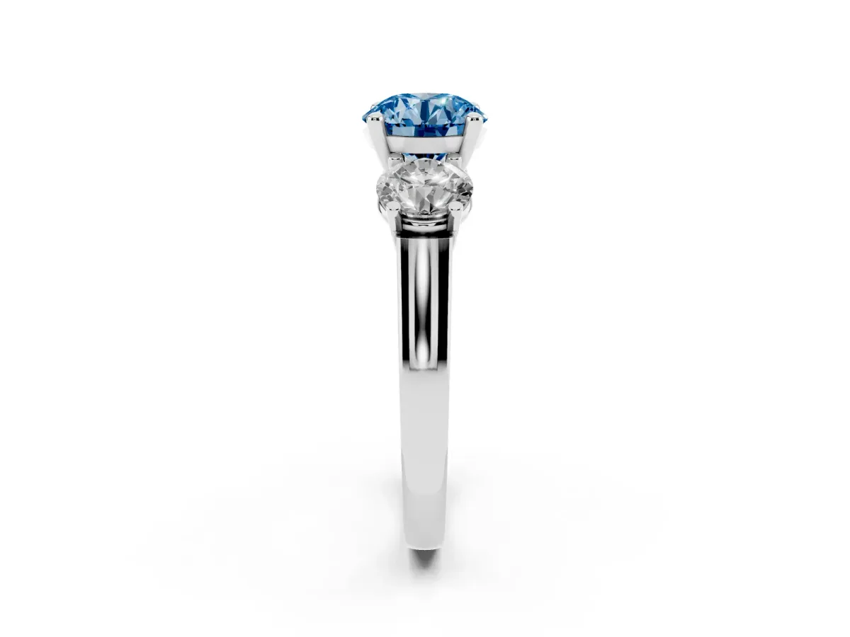 Fancy Blue Three-Stone Round Cut Brilliant Diamond Trellis Ring with Comfort Fit Band Platinum