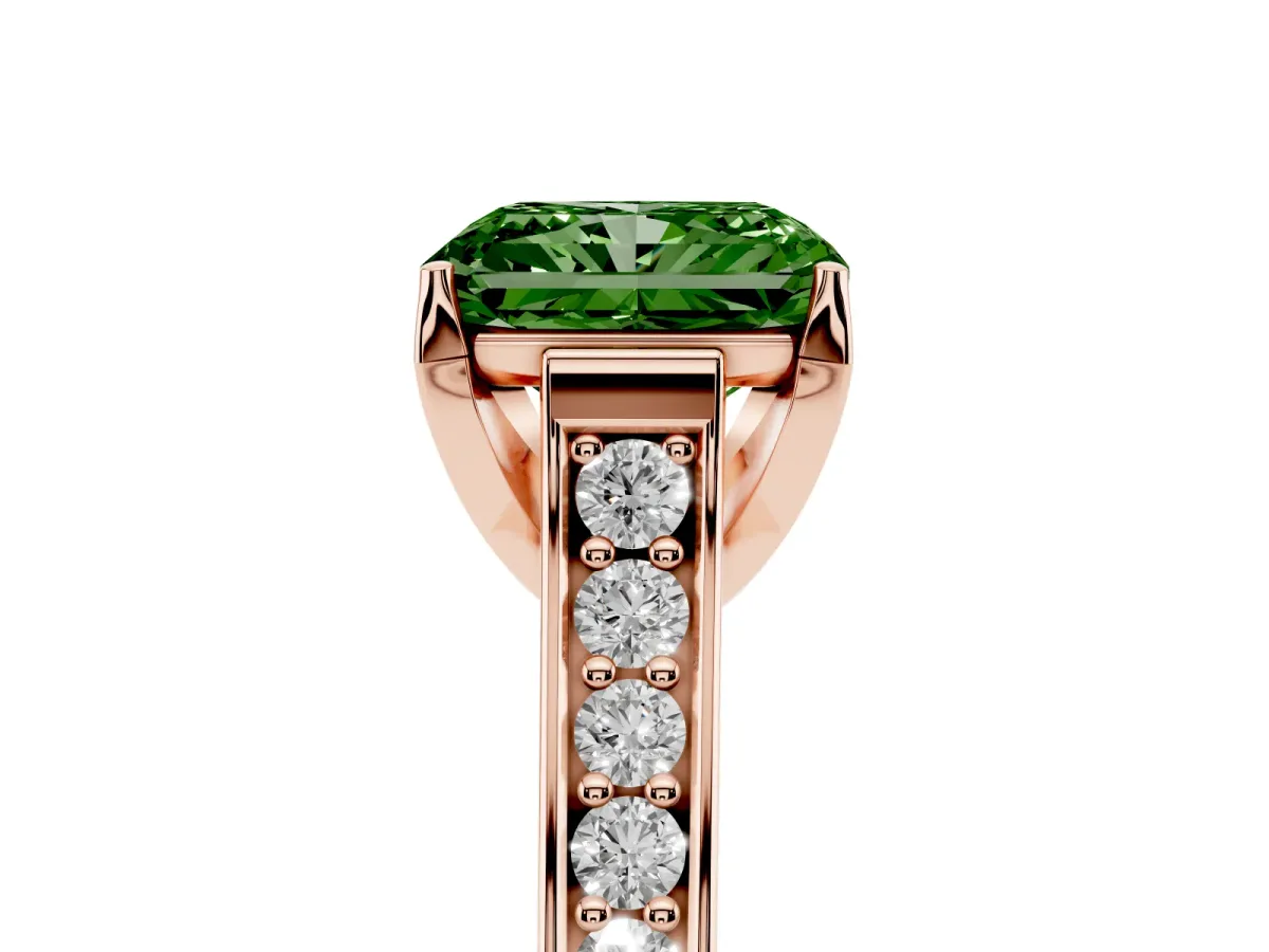 Fancy Green Radiant Cut Brilliant Cut Diamond Engagement Ring with Pavé Band and Four-Prong Setting Rose gold