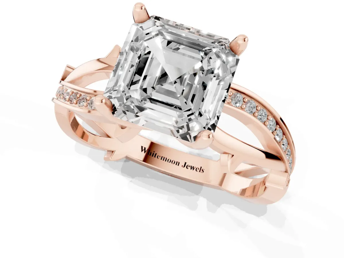 Asscher Cut Solitaire Twist Band with Pavé Accents and Four-Prong Setting Rose gold