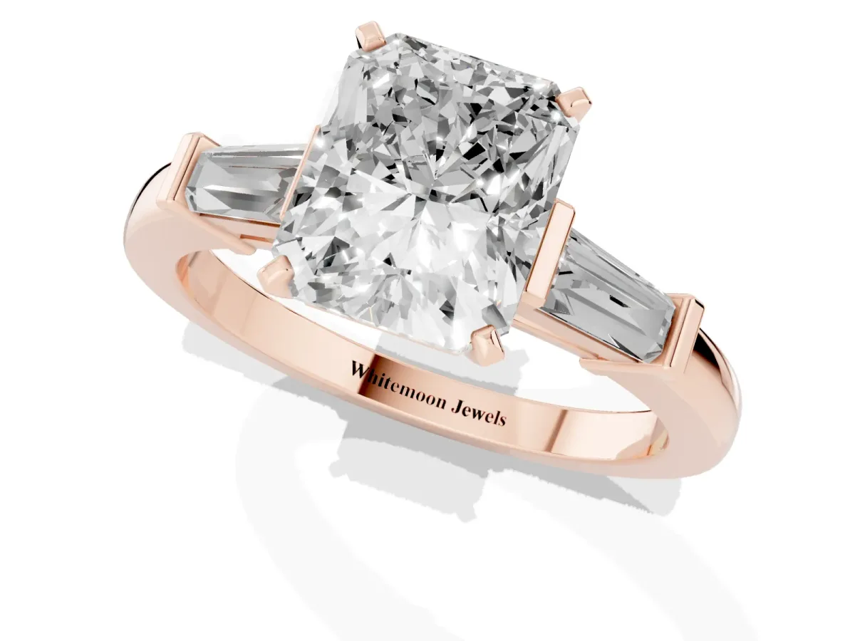 Radiant Cut Cut Diamond Solitaire Ring with Tapered Baguette Accents and Four-Prong Setting Rose gold