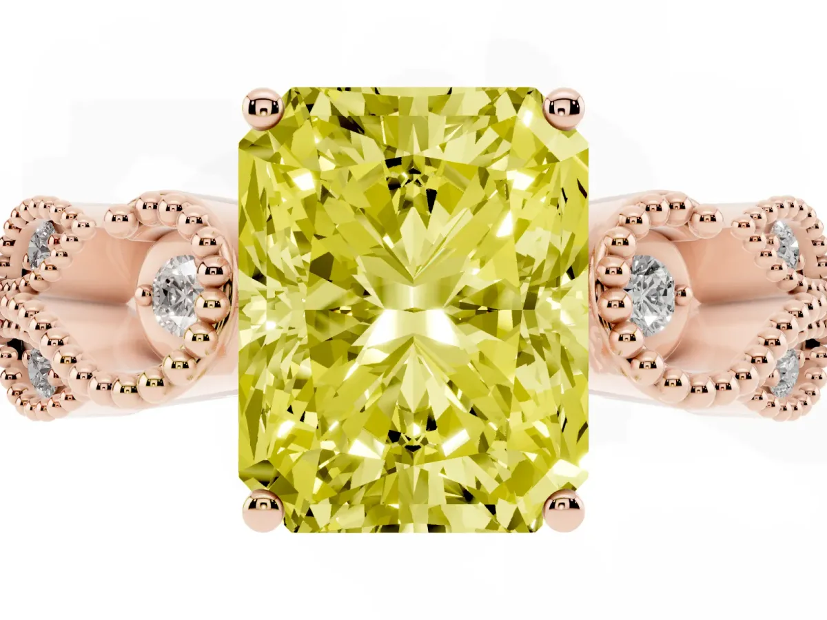 Fancy Yellow Radiant Cut Solitaire Milgrain Leaf Band with Prong Setting Rose gold