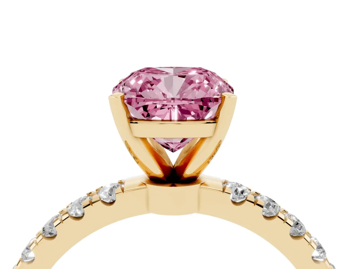Fancy Pink Cushion Cut Diamond Solitaire Ring with Pavé Accents and Four-Prong Setting Yellow gold