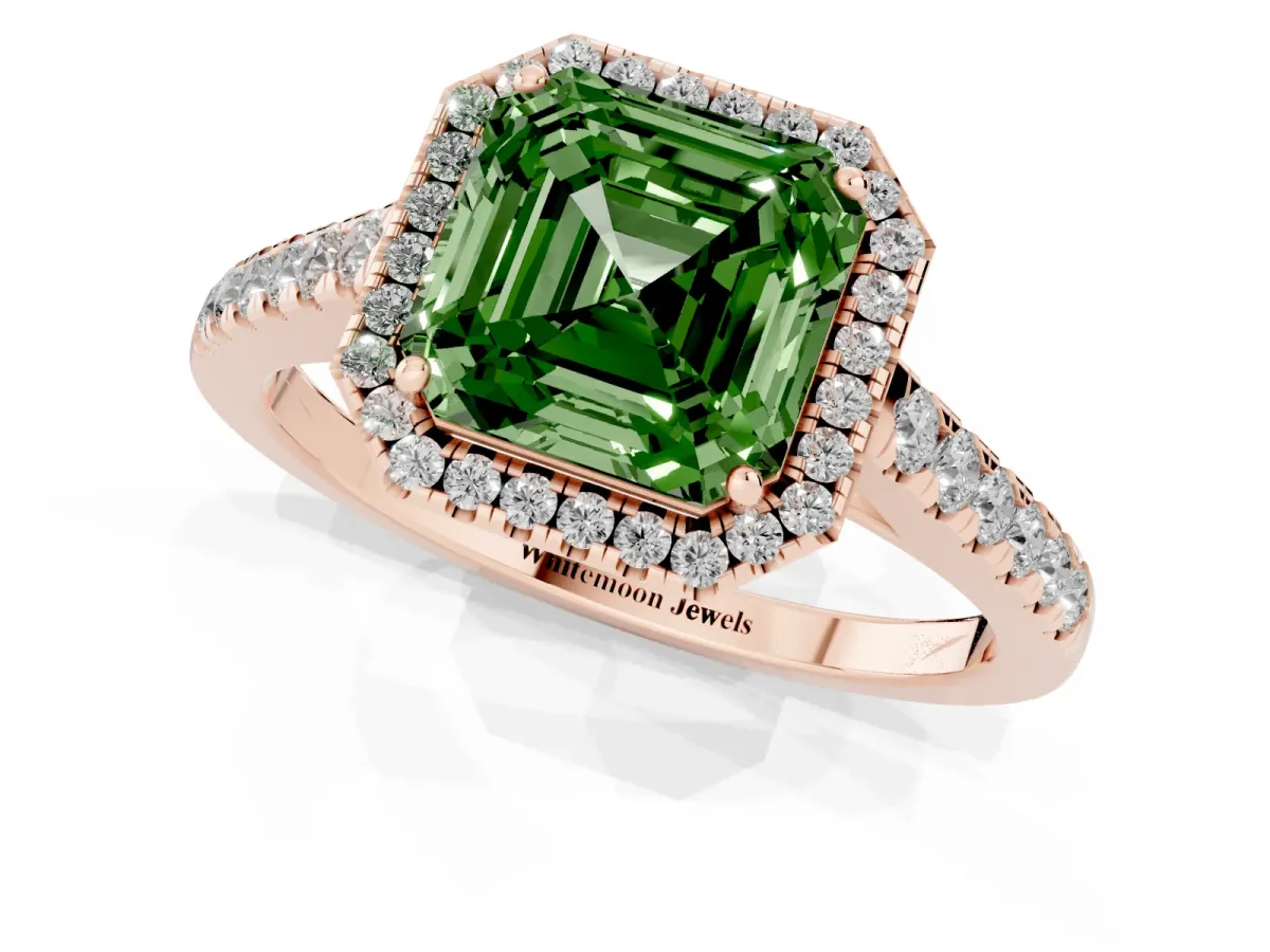 Fancy Green Asscher Cut Halo Pave Diamond Engagement Ring with Four-Prong Setting Rose gold