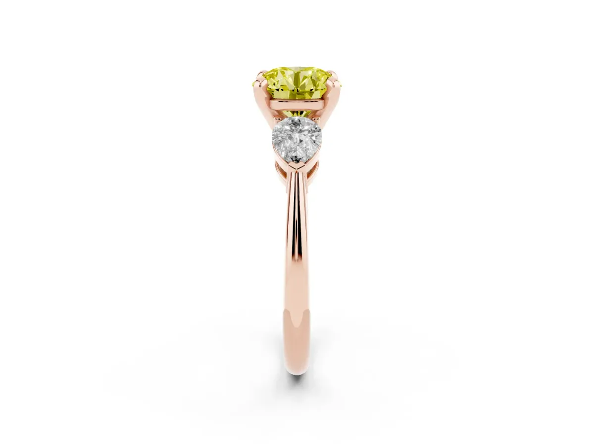 Fancy Yellow Three-Stone Round Cut Diamond Ring with Pear Side Stones and Four-Prong Setting Rose gold