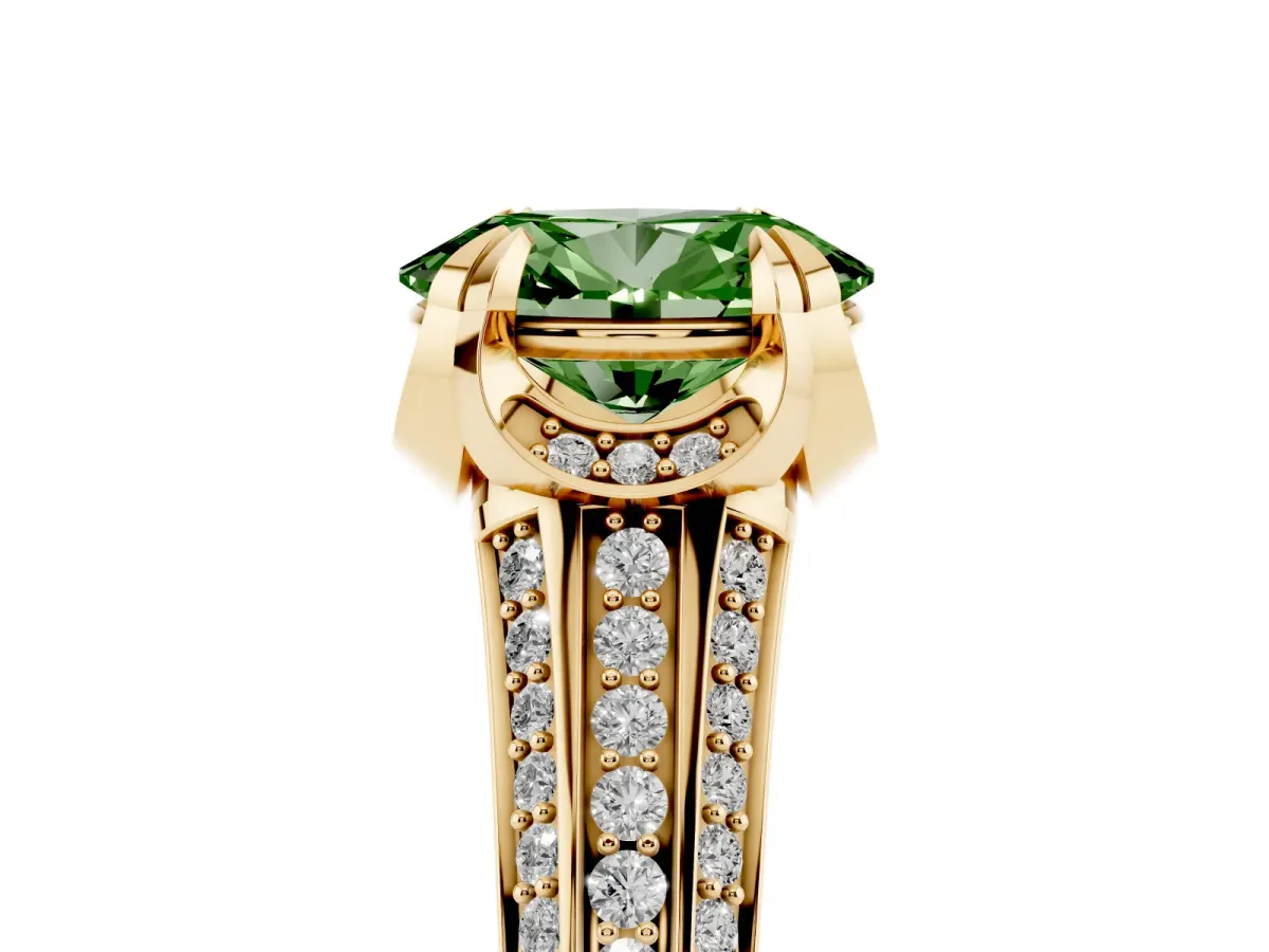 Fancy Green Oval Cut Solitaire Pave Split Shank Ring with Four-Prong Setting Yellow gold