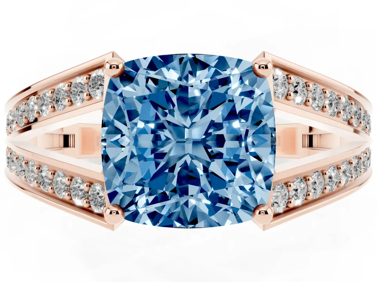 Fancy Blue Cushion Cut Diamond Split Shank Ring with Pavé Band and Four-Prong Setting Rose gold