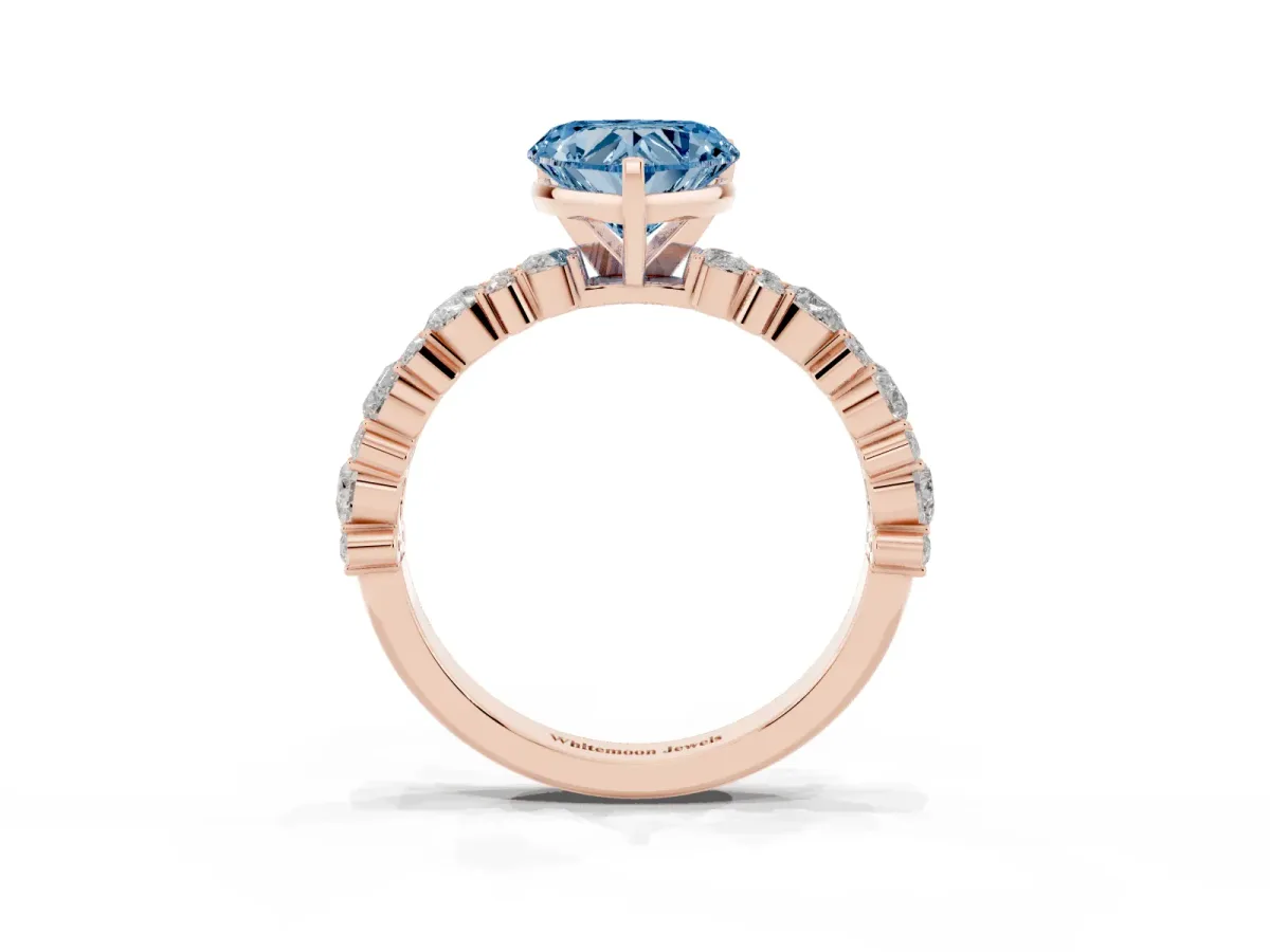 Fancy Blue Heart Cut Diamond Side Stone Solitaire Ring with Round and Four-Prong Setting Rose gold