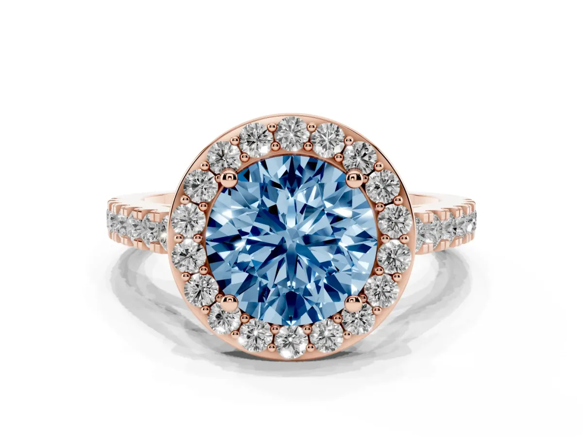 Fancy Blue Round Cut Diamond Halo Ring with Round Pavé Split Shank and Prong Setting Rose gold