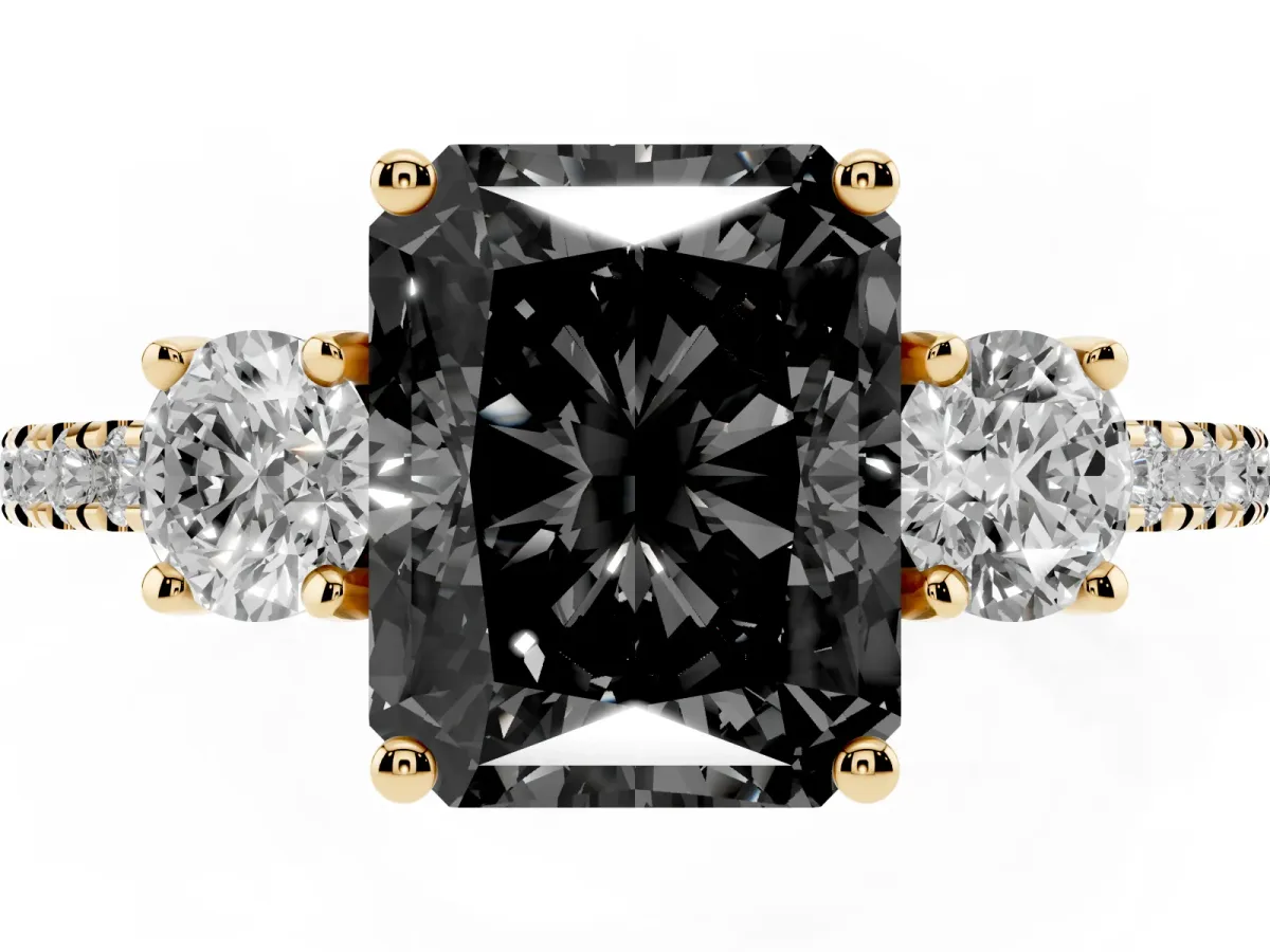 Fancy Black Three-Stone Radiant Cut Cut Diamond Pavé Band with Prong Setting Yellow gold