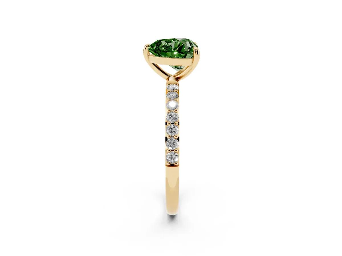 Fancy Green Heart Cut Diamond Solitaire Ring with Round Pavé Band and Prong Setting Yellow gold