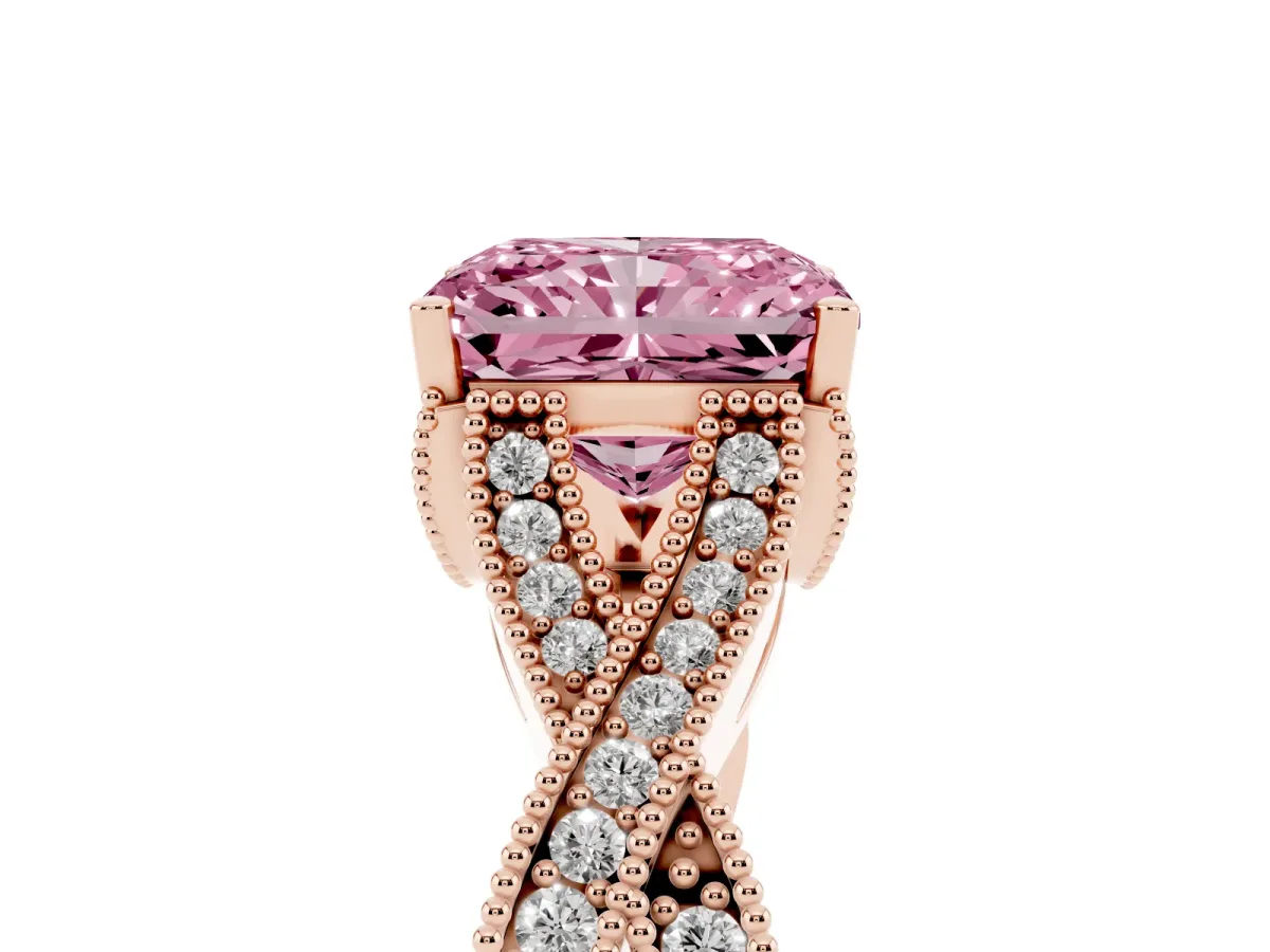 Fancy Pink Radiant Cut Cut Diamond Twisted Band with Milgrain Pave Setting and Four-Prong Setting Rose gold