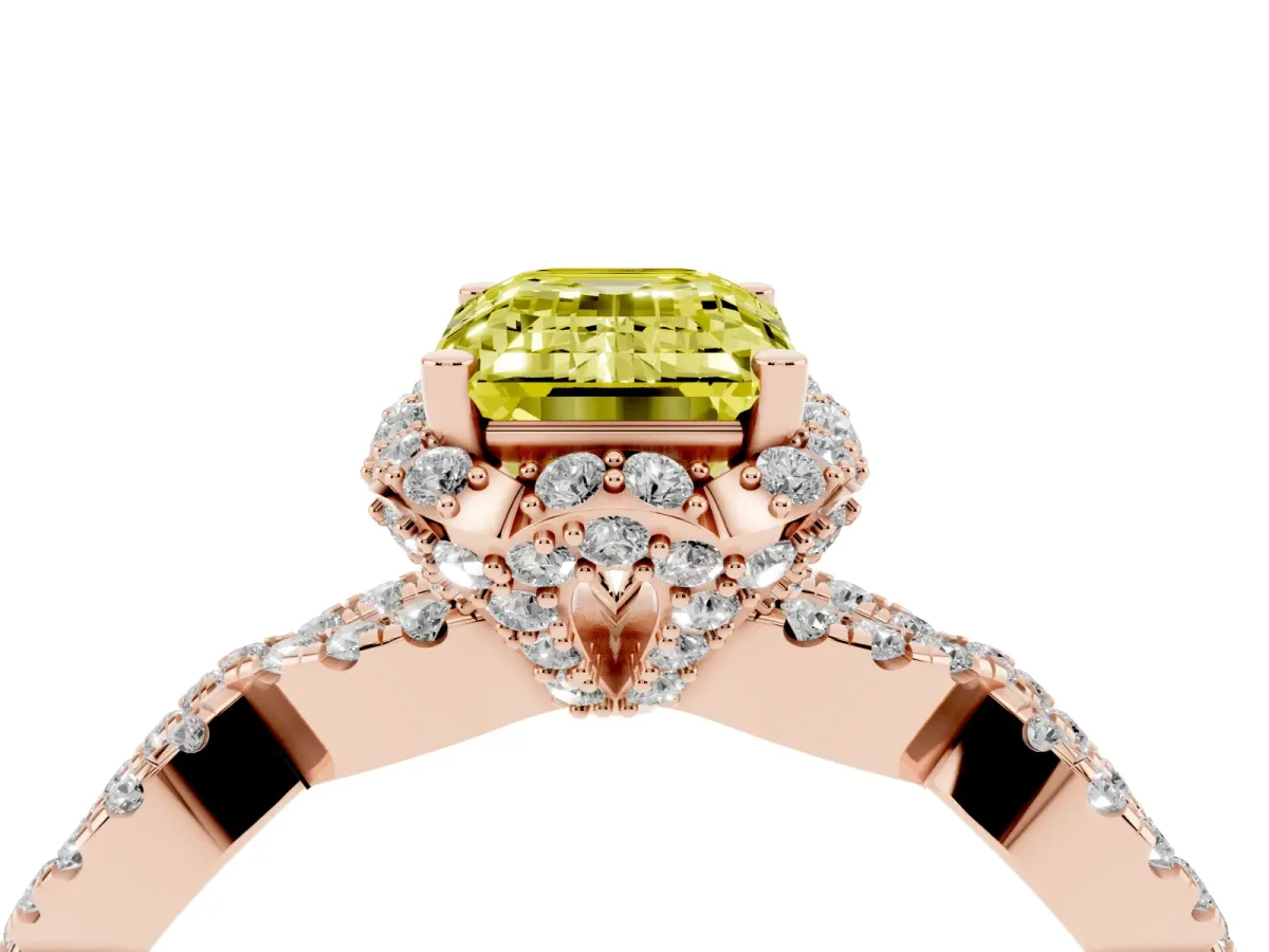 Fancy Yellow Emerald Cut Halo Twist Band Solitaire Ring with Six-Prong Setting Rose gold