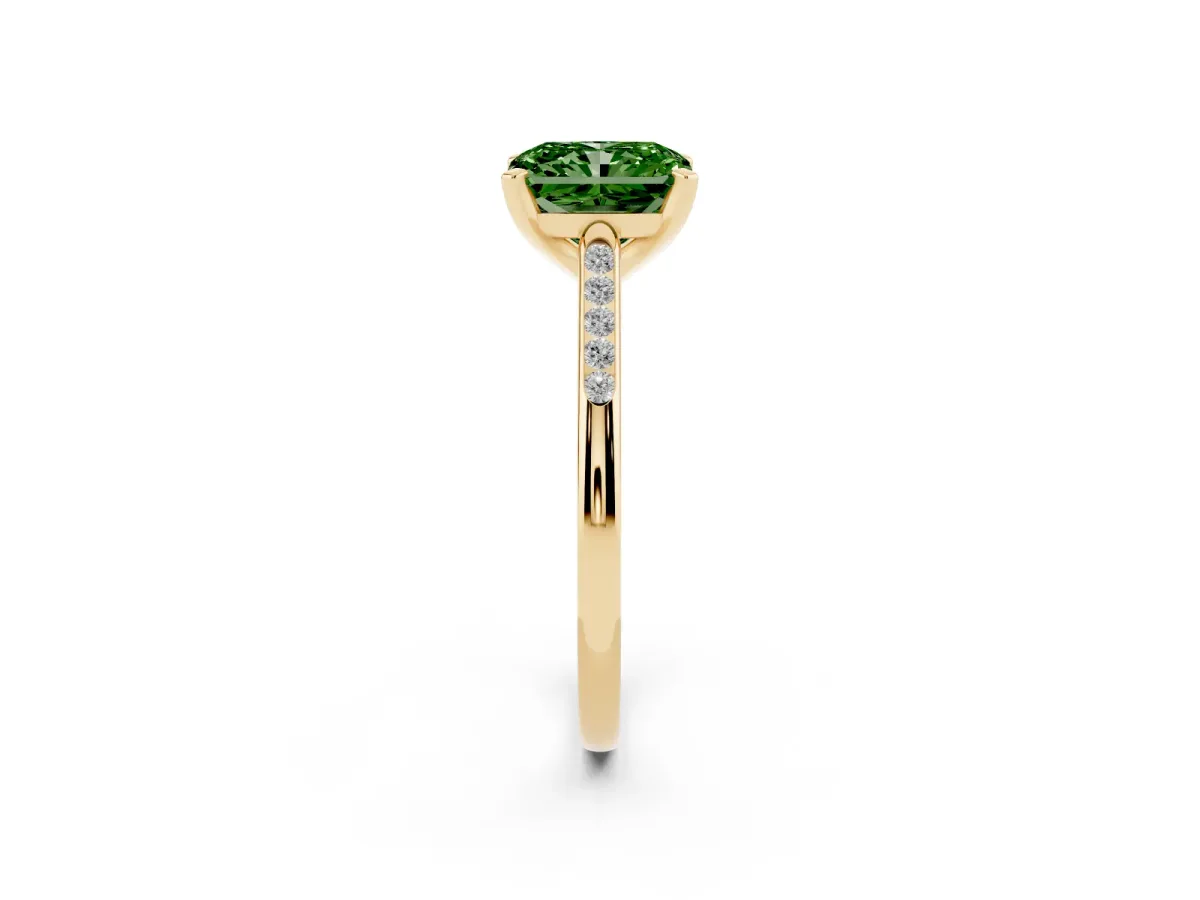 Fancy Green Radiant Cut Diamond Solitaire Ring with Channel Set Round Band and Prong Setting Yellow gold