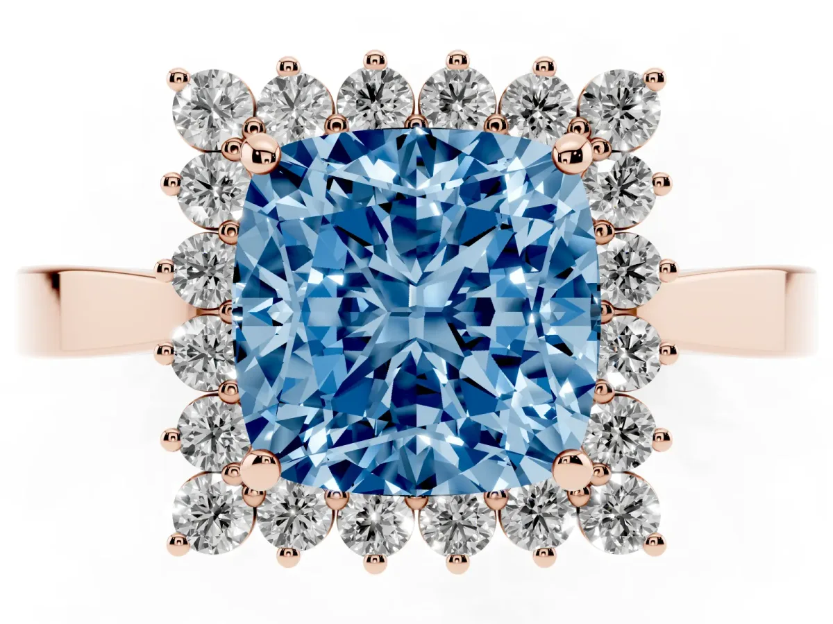 Fancy Blue Cushion Cut Cut Diamond Halo Ring with Round Brilliant Halo and Solitaire Band Rose gold